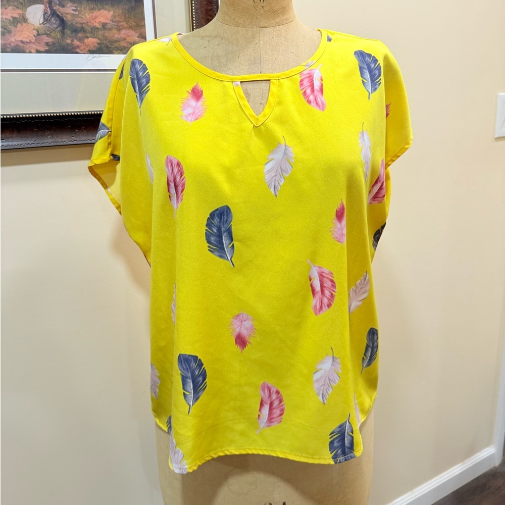 SHEIN Bright Yellow Top With Multi Colored Feather Design